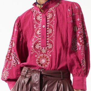 Antik Batik Cami Ruffled Embroidered Cotton Blouse - Size L/FR 42